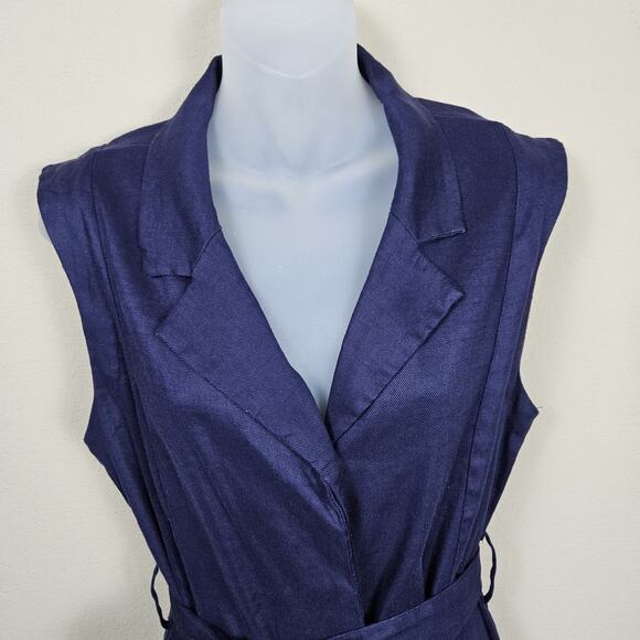 HALSTON Stretch Linen Shirt Dress 8 M Navy Blue Tie Belt Coastal Preppy Pockets - Picture 5 of 16